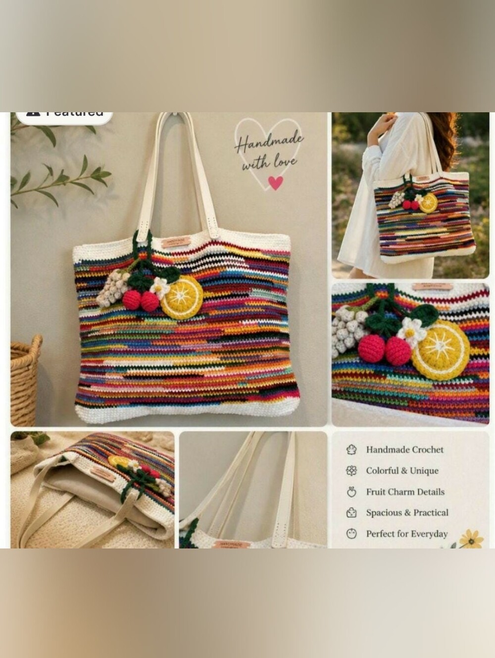 Handmade Multicolor Crochet Tote Bag with White Handles And Fruit's Charms